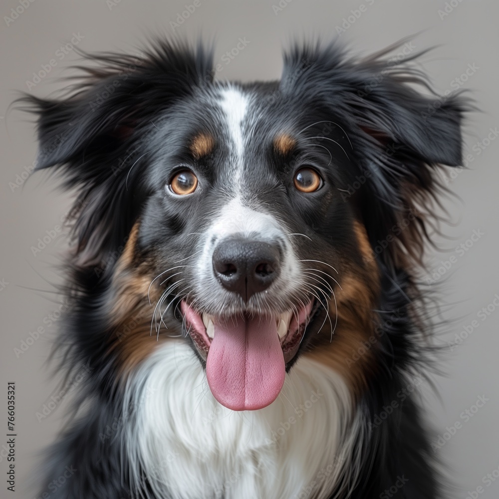 A closeup of a Border Collie, a black and white dog with its tongue hanging out. Known for being a herding dog and part of the Working Group
