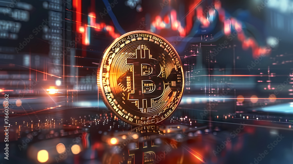 Bitcoin, investment, gold coins in front of trading chart Bitcoin, investment, gold coins in front of trading chart