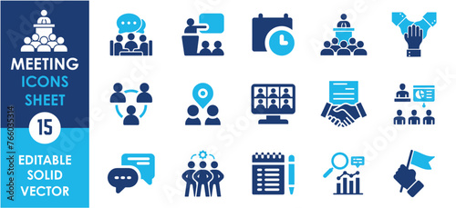 Meeting vector icon set. Conference, classroom, containing seminar and so on. Flat vector icons set related to business growth
