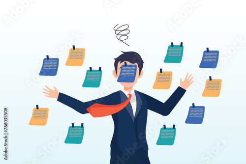 Frustrated businessman working with chaotic sticky notes, frustrated or overwhelmed from multitasking, work overload too many tasks, busy overworked, appointment or tired exhausted (Vector)