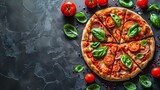 Rustic pizza on black background with tomato, cheese, and space for italian fast food