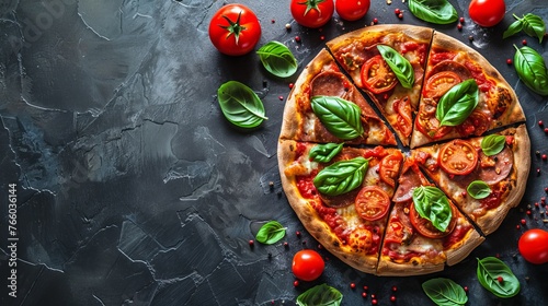 Rustic pizza on black background with tomato, cheese, and space for italian fast food