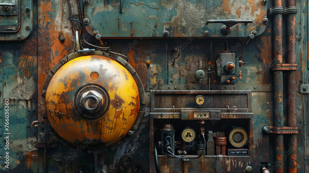 Detailed view of engineer's toolbox, sphere gas tank backdrop, vibrant daylight, crisp texture.
