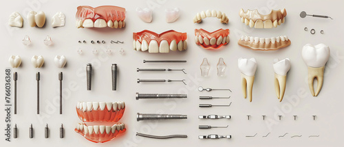 Diverse Range of Dental Prosthetics: An array of dental prosthetics like implants, crowns, and dentures, displayed on a pristine white background. photo