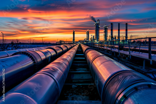 Oil pipeline, rich color saturation, dawn light, foreground emphasis, clear view.