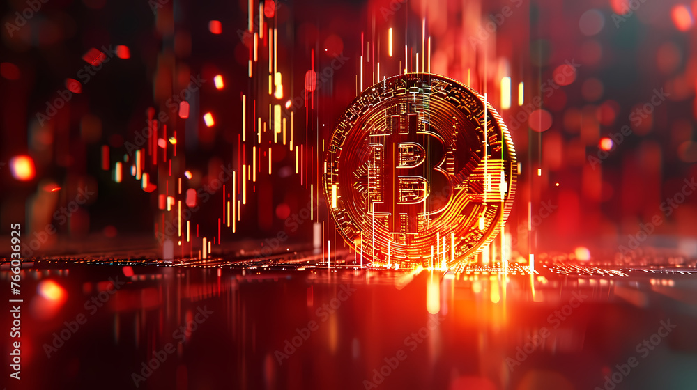 Gold bitcoin on stock market chart background, cryptocurrency concept - obrazy, fototapety, plakaty 