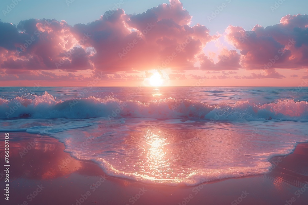 The sun is casting a warm afterglow over the ocean as the waves crash onto the beach, creating a stunning natural landscape against the colorful dusk sky - obrazy, fototapety, plakaty 
