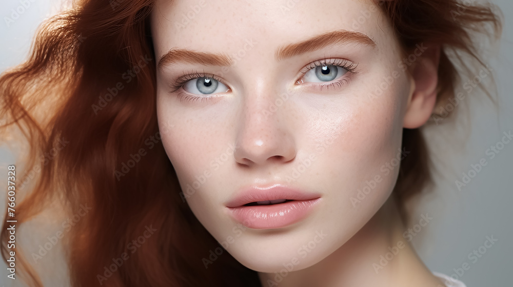 Beautiful young woman with clear skin and red hair on a white background. Skin care. Beautiful young woman with clear skin and red hair on a white background. Skin care.