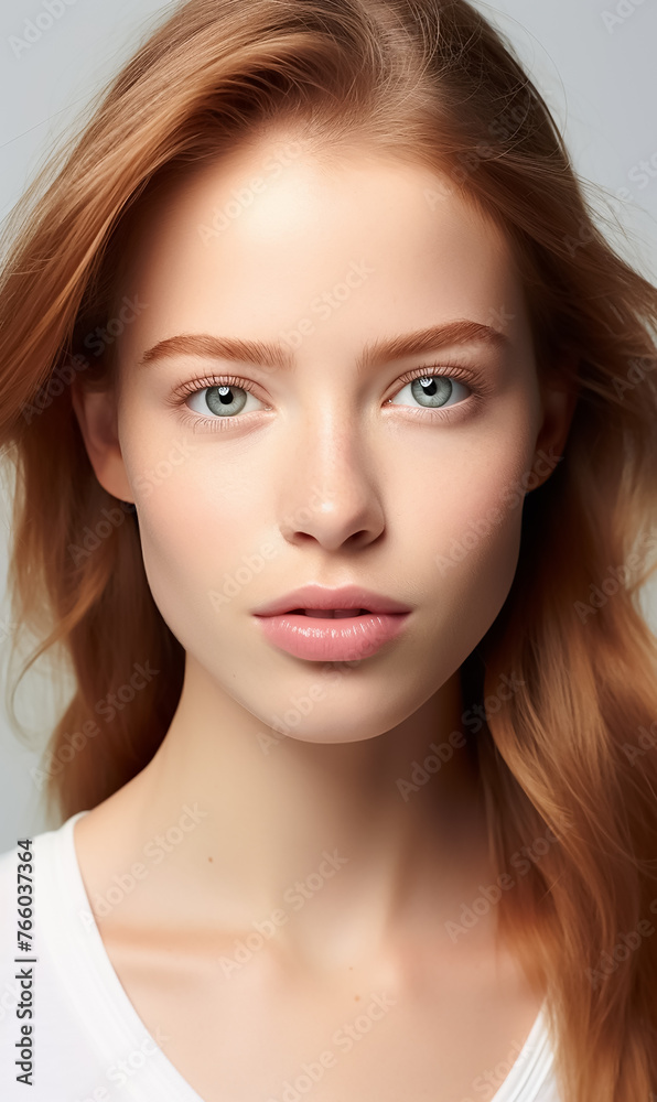 Obraz premium Beautiful young woman with clear skin and red hair on a white background. Skin care.