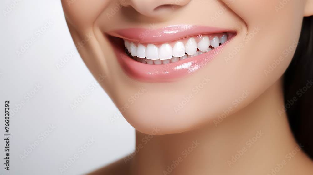Fototapeta premium Beautiful healthy white smile on a white background, close-up photo of a young woman's face. Image for a dental clinic with copyspace.