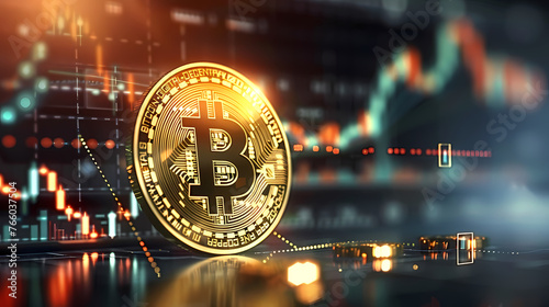 Gold bitcoin on stock market chart background, cryptocurrency concept