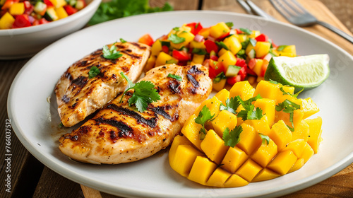 Grilled chicken breast with fresh mango salsa . Generative Ai