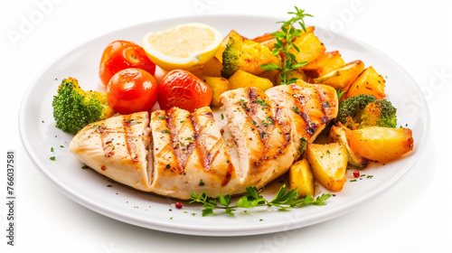 grilled chicken fillet with side dish of baked vegetables. Generative Ai