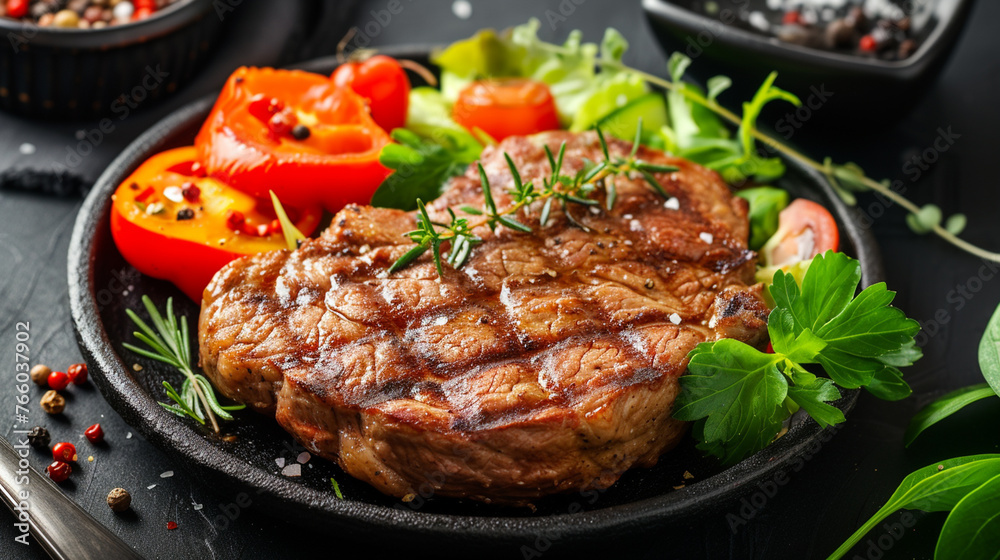 Grilled steak meat with salad from baked pepper. Generative Ai