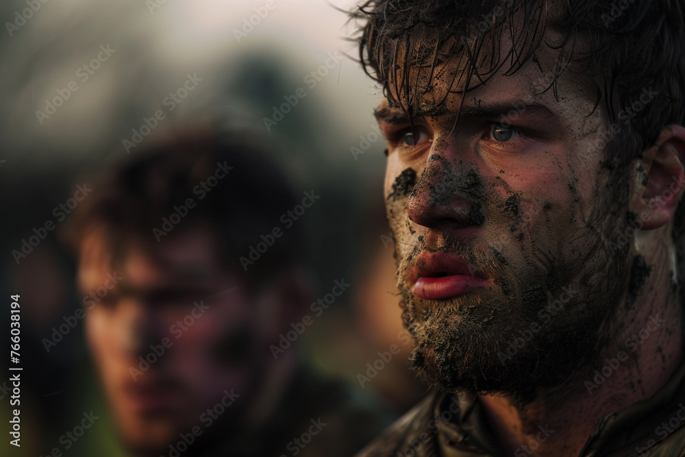 Rugby ruck, intense close-up, muddy uniforms, dusk lighting Rugby ruck, intense close-up, muddy uniforms, dusk lighting