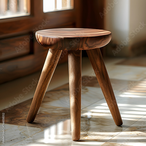 Bar stool made of hardwood sitting on a tiled floor