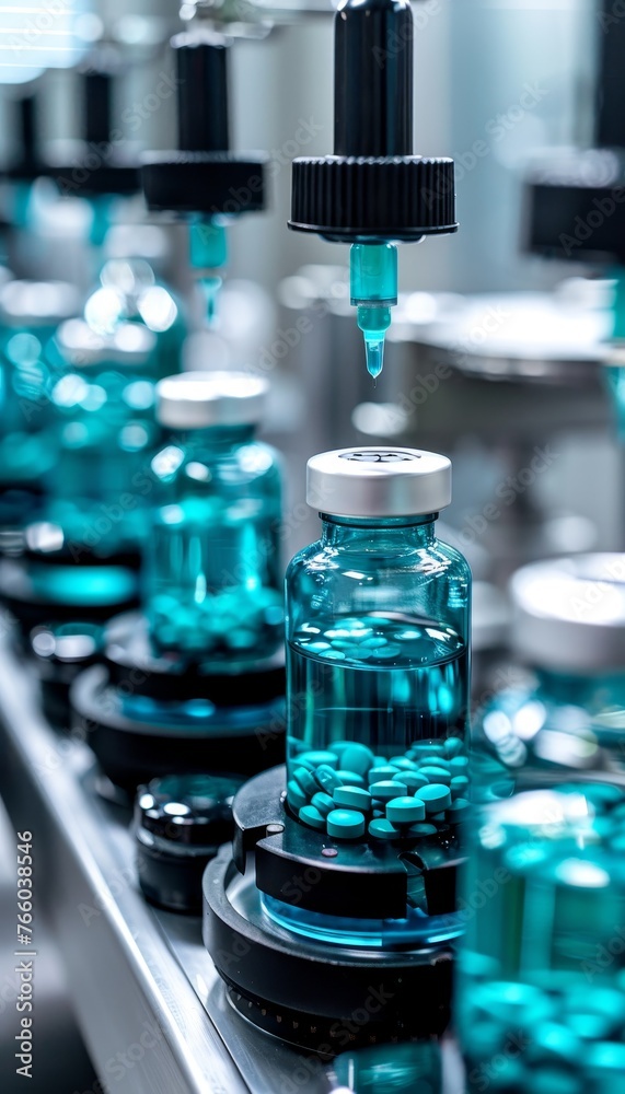 Pharmaceutical production line with glass bottles on automated conveyor belt in factory Pharmaceutical production line with glass bottles on automated conveyor belt in factory