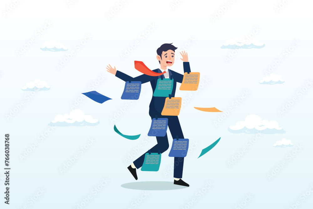 Busy tried businessman cover with adhesive reminder sticky notes on him, too many ideas, overworked or busy schedule and reminders, procrastination or multi-tasking workaholic (Vector)