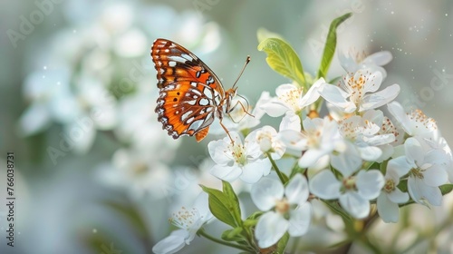 This is a photograph of a Fritillary butterfly on a bush with white flowers. The focus of the © Emil
