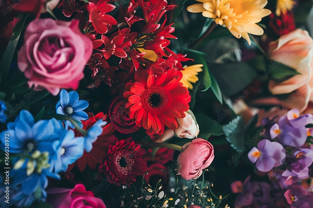 A close-up of a vintage-style bouquet composed of blue, red, yellow, and pink flowers.