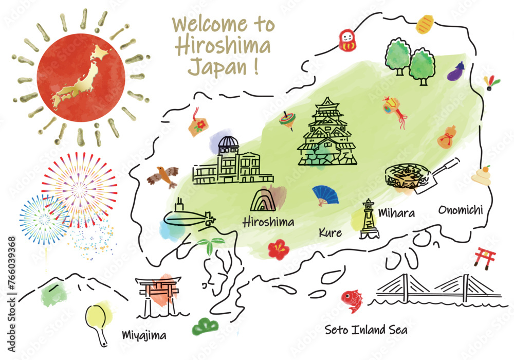Naklejka premium 広島の観光地のかわいいイラストマップと縁起物