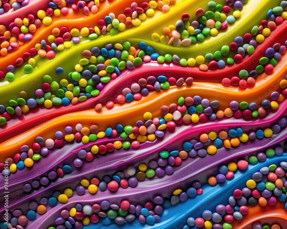 An abstract arrangement of candy in a rainbow of colors forming a wave pattern