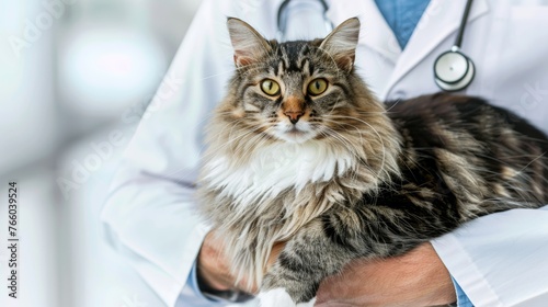 Veterinarian holding cat in clinical interior, with blurred background for text placement
