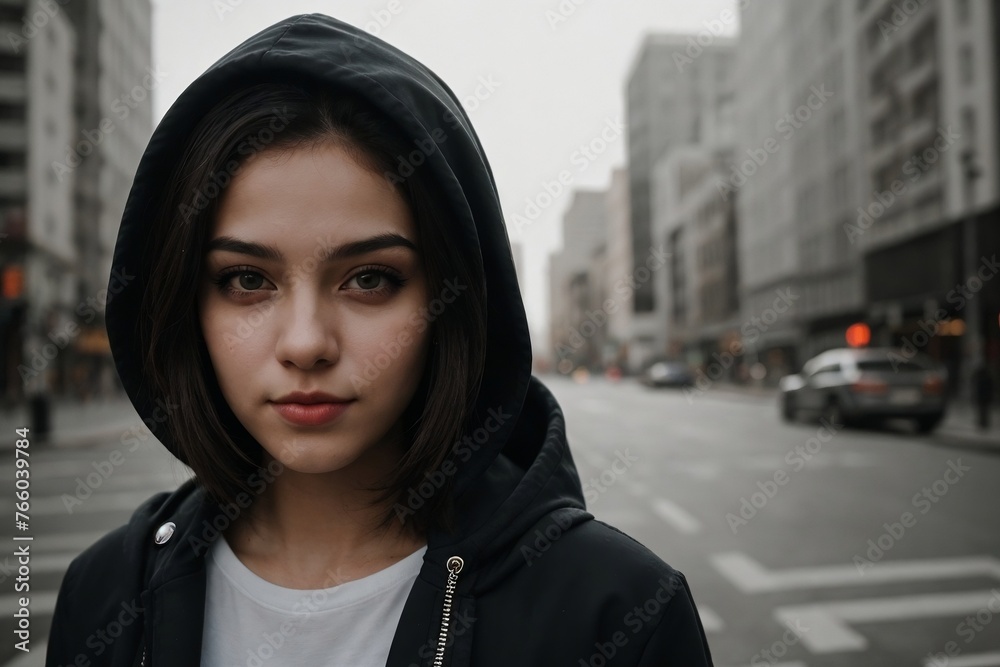 Depressed hoodie girl living in a bad city. Depressed hoodie girl living in a bad city.