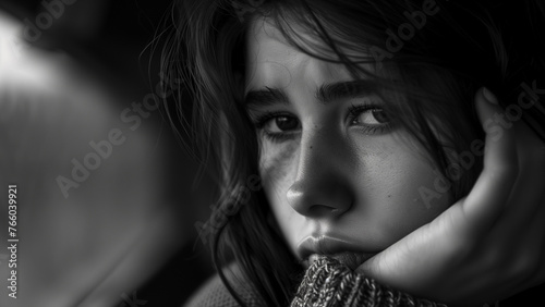 Portrait of a beautiful sad girl. Black and white photo.