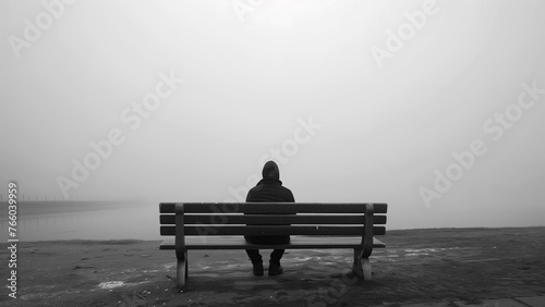 A lonely man sitting on a bench by the lake in a foggy day