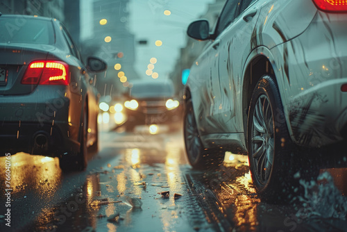 cars drive on wet asphalt in the city in the evening, lower angle of filming. Driving safely in bad weather