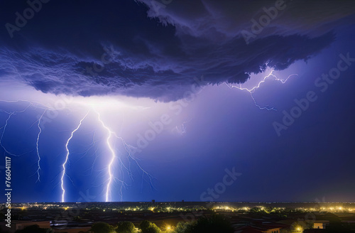 Thunderstorm with bright lightning and thundercloud at night in the countryside. Spring thunderstorms, the beauty of nature.