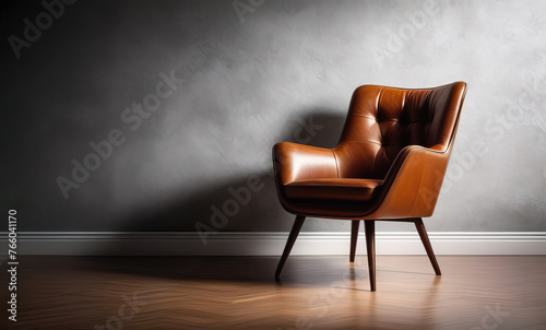 Vintage brown leather chair in 80s style in a dark room against a gray empty wall, copy space. © Natalia