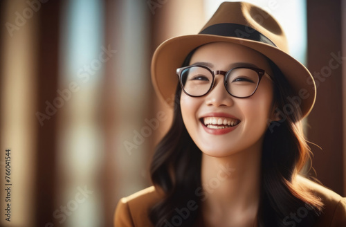 Young Asian woman wearing glasses and a hat, laughing. Close-up portrait