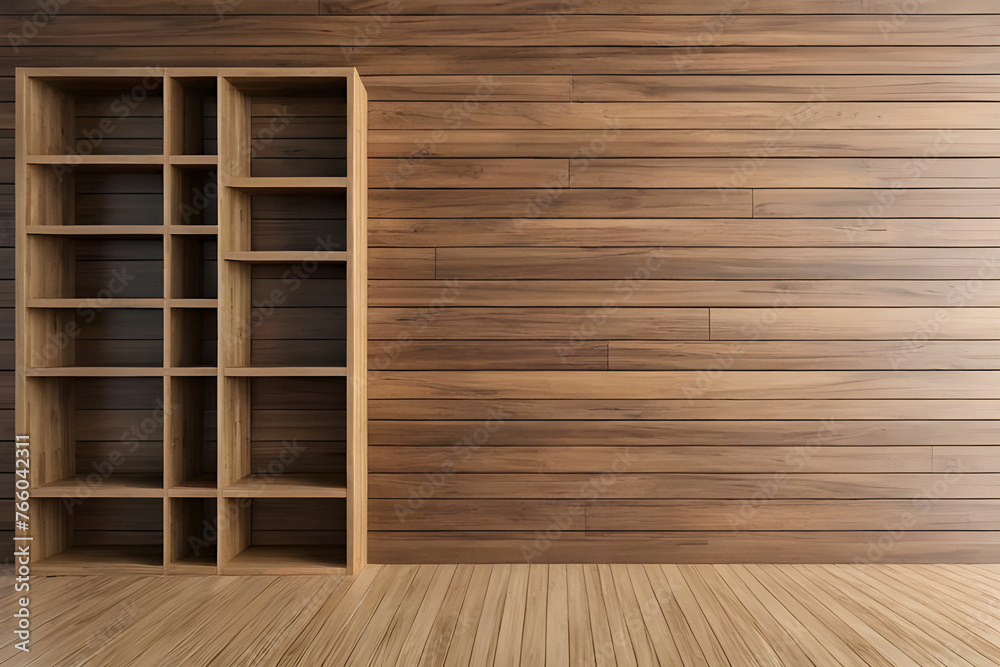 Empty interior with wooden wall bookcase Empty interior with wooden wall bookcase