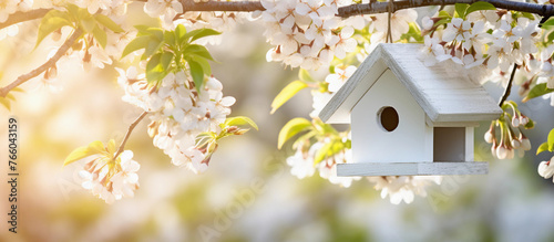 bird house and cherry flowers, spring abstract natural background. Cherry Blossom Haven Birdhouse in Spring