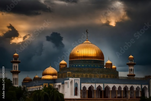 Golden mosque dome in dark cloudy sunset sky