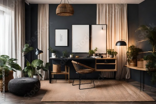 room interior with mock up poster frame, black desk, cozy bed, rattan chair photo