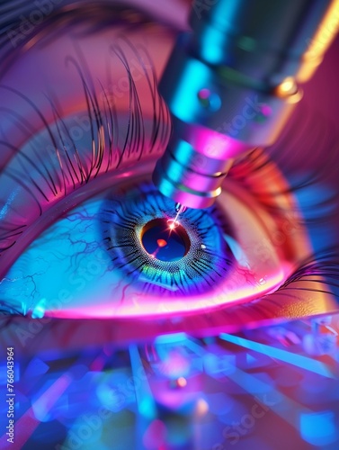 Focus on an eye receiving Lasik treatment, central in the scene, surrounded by bright colors, funny animations, on a pristine background with realistic HD figures