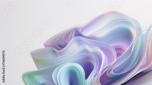 Abstract background with iridescent waves. Flowing layers of translucent pearl. Pearlescent digital drapery with gradient of purple, blue, and green.