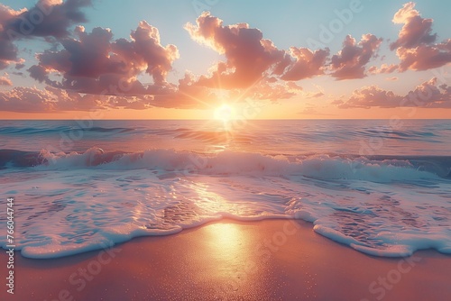 The sun is setting, casting a warm glow over the ocean. Waves crash against the beach, creating a peaceful atmosphere in the natural landscape