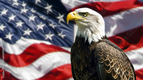 A close-up of an American flag waving in the wind  with details of the flag s stars and stripes  the wind blowing through the flag  and the American eagle perched on top.
