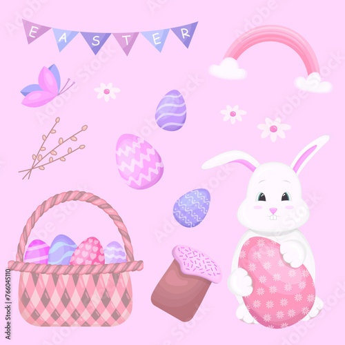 Easter set of stickers with eggs, bunny and basket. Happy Easter. Vector illustration