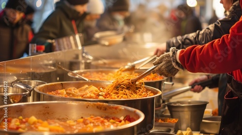 A bustling soup kitchen on a cold winter's day,
