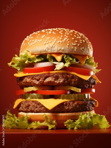 hamburger cheese, red background 1, suspended layering, 8k, photoreal serf