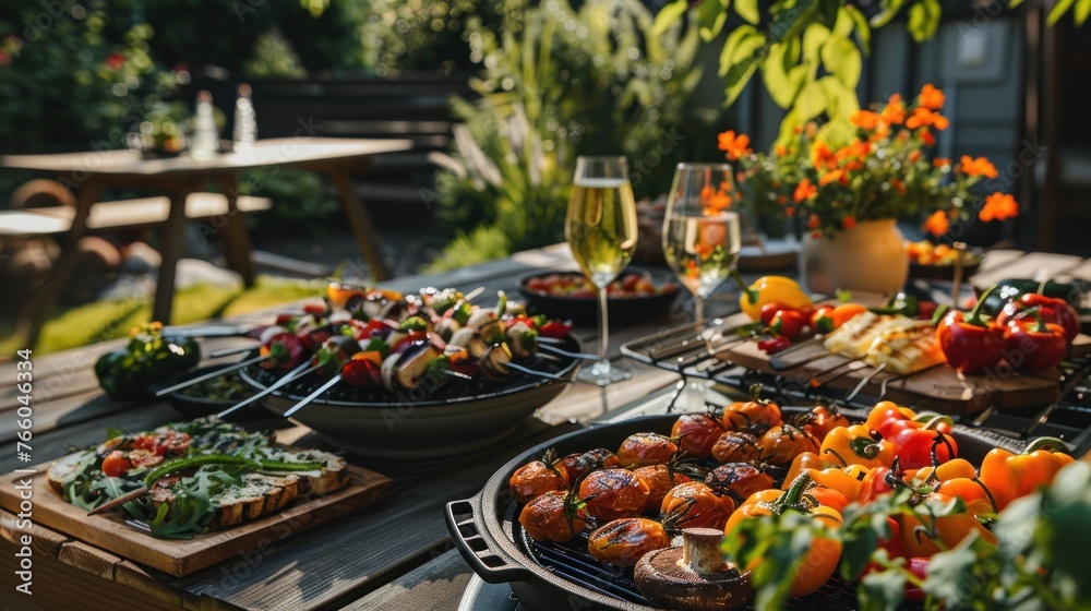A chic vegetarian BBQ in a modern backyard, with portobello mushrooms, stuffed peppers, 