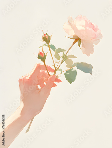 Female hand holding pink peony rose flower branch stem on beige background with sunlight shadows, Generative AI 