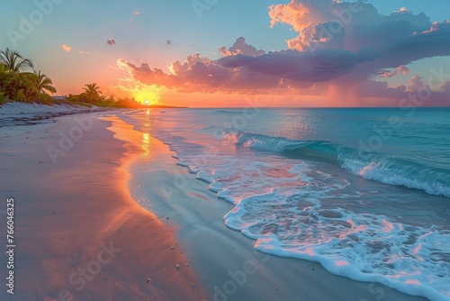 The sky is painted with clouds as the sun sets over the ocean, casting a warm glow on the fluid horizon of the tropical beach