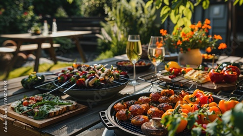 A chic vegetarian BBQ in a modern backyard, with portobello mushrooms, stuffed peppers, 