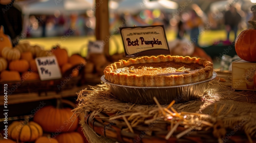 A cozy autumn harvest festival, featuring a pumpkin pie baking contest. The air is filled with the spices 